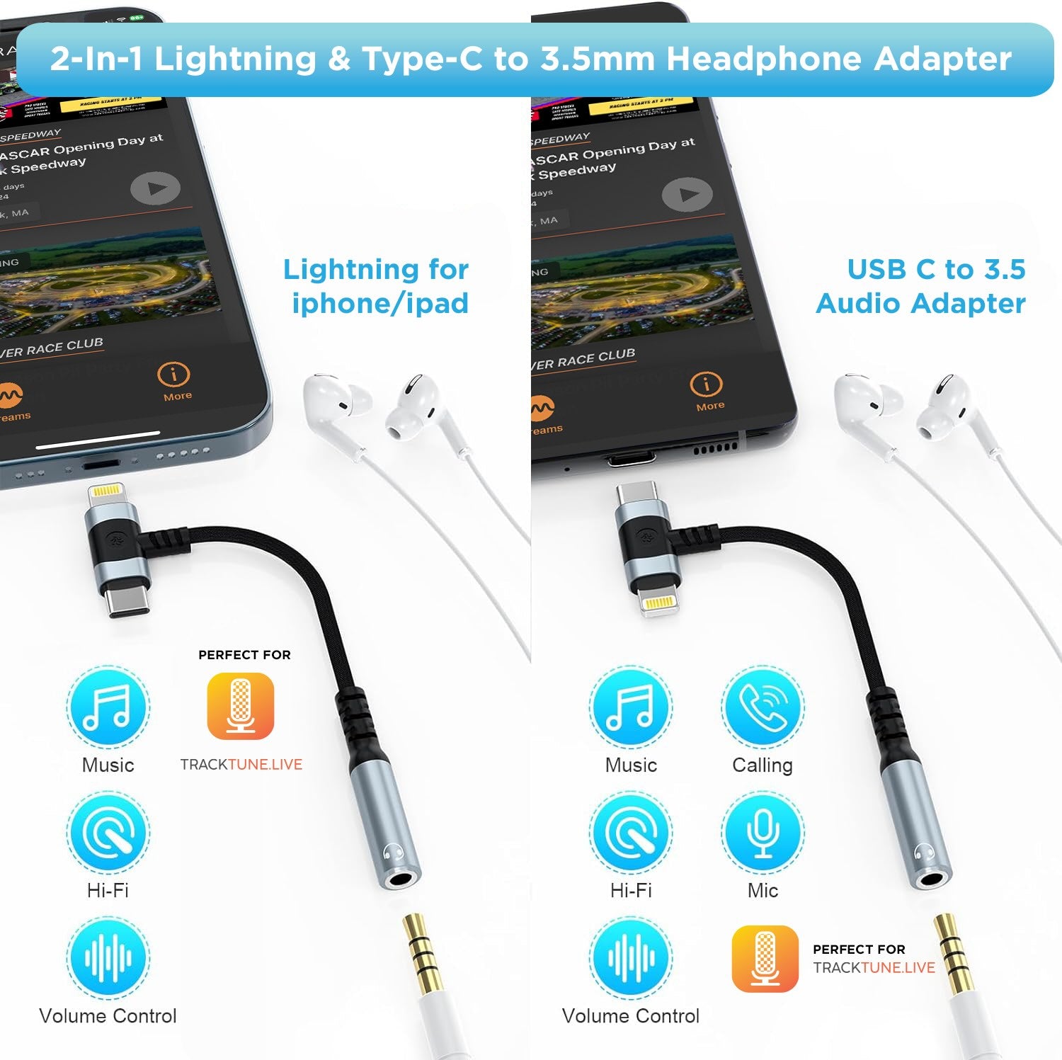 2-in-1 Lightning & Type-C to 3.5mm Headphone Adapter with smartphone display on a white background