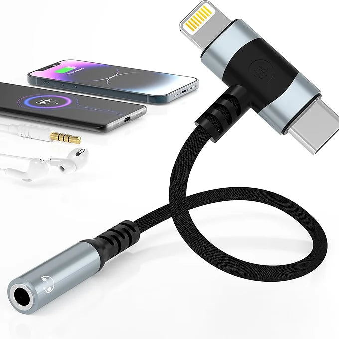 A 2-in-1 Lightning and USB-C to 3.5mm headphone adapter with a black cable and silver connectors, displayed alongside a phone and headphones.
