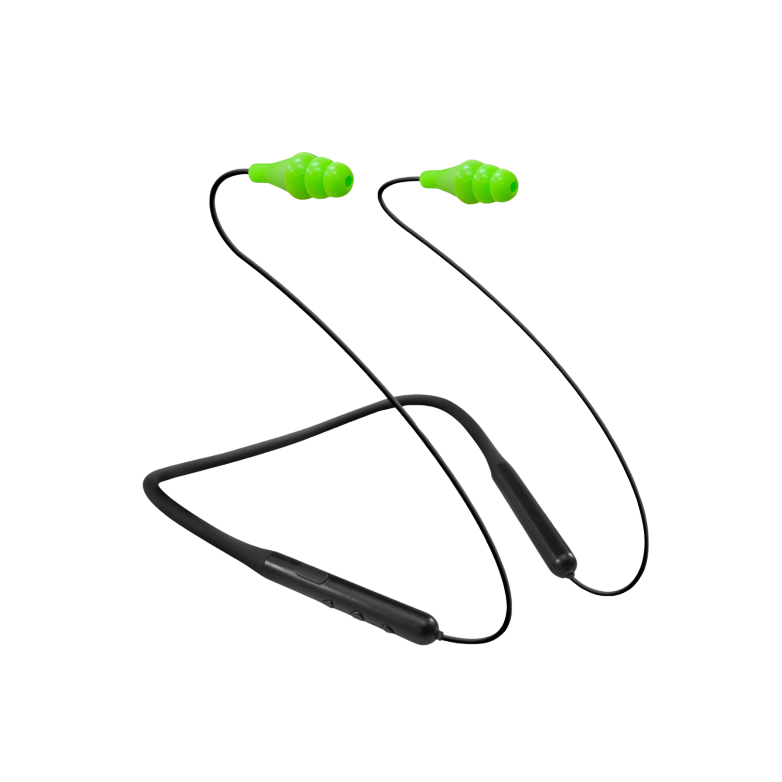 Wireless earbuds with green tips on a white background