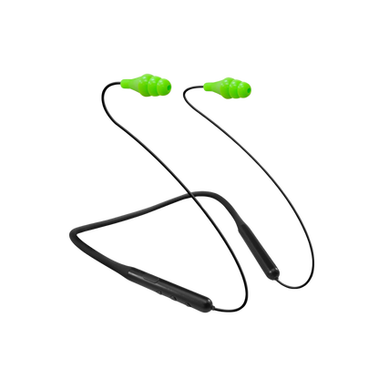 Wireless earbuds with green tips on a white background